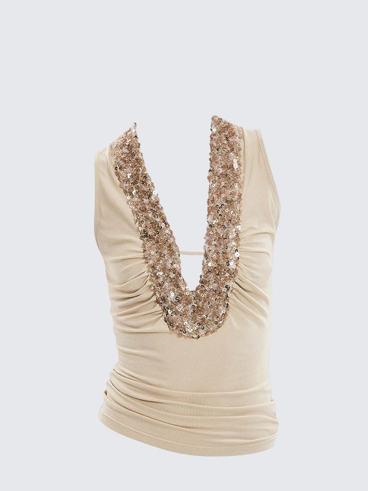 American V-Neck Sequin Tank Top