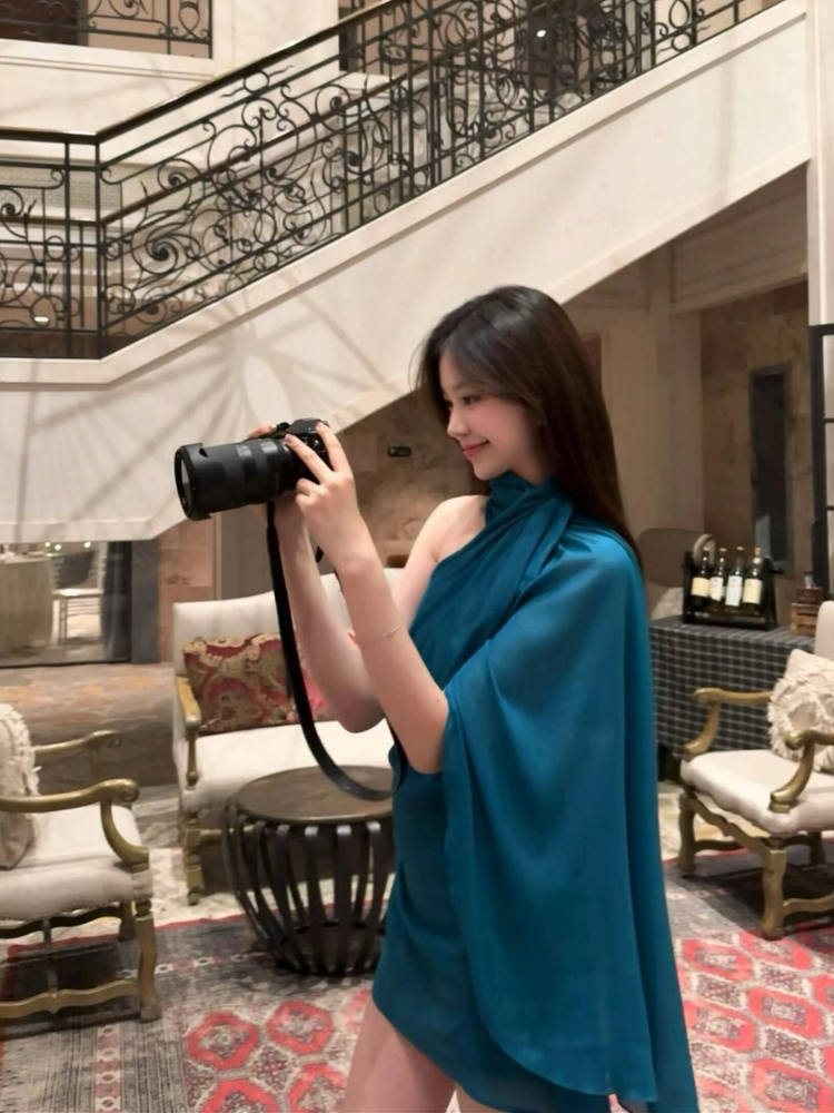 Iridescent Blue Halter Off-The-Shoulder Mini Dress