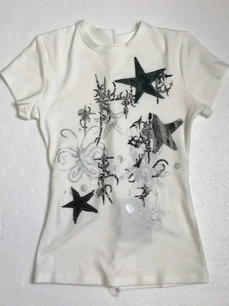 White Subculture Y2K E-girl Abi American Retro Hand-Drawn Star Print Light Subculture Short Sleeve Top