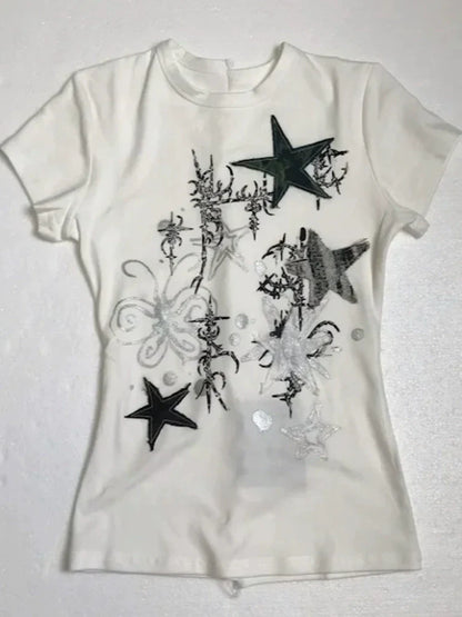 White Subculture Y2K E-girl Abi American Retro Hand-Drawn Star Print Light Subculture Short Sleeve Top