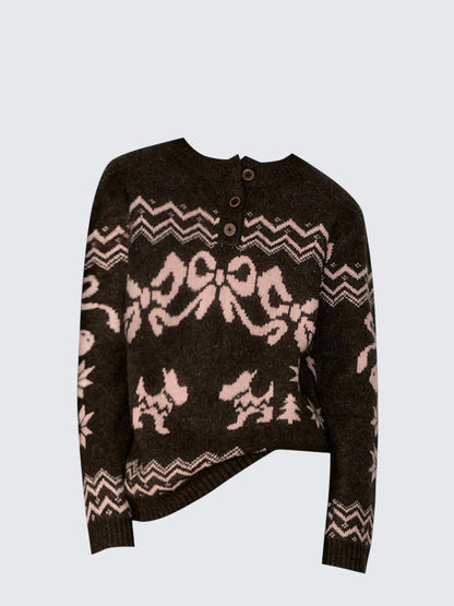 Korean Fair Isle Bow Henley Sweater