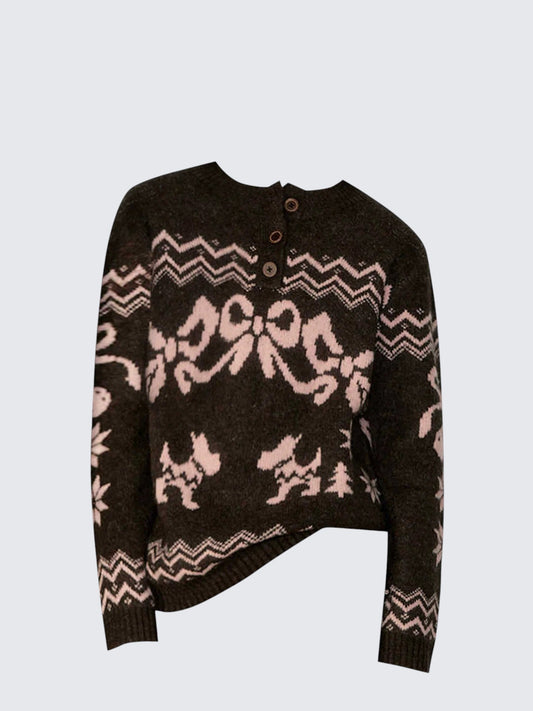 Korean Fair Isle Bow Henley Sweater