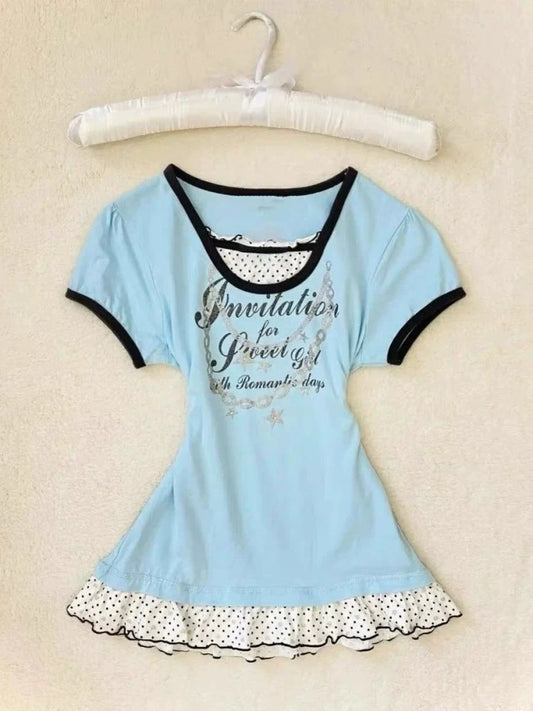 Blue Panel Polka Dot Vintage Fake Two-Piece Y2K T-Shirt