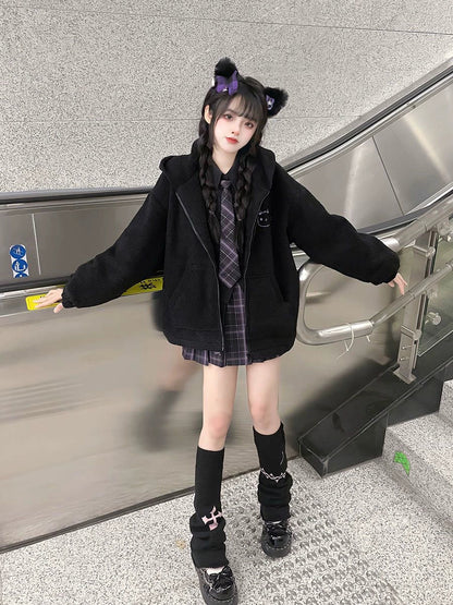 Black Y2K Japanese Anime Cat-Ear Hooded Faux Lamb Puffer Jacket