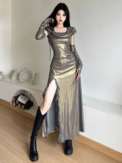 Futuristic Personalized Wasteland Style Shiny Cowl-Neck With Arm Sleeves Fitted Slit Maxi Dress
