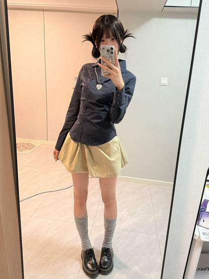 Designer Asymmetrical Collar Plaid Shirt Slim Fit Vintage College Top