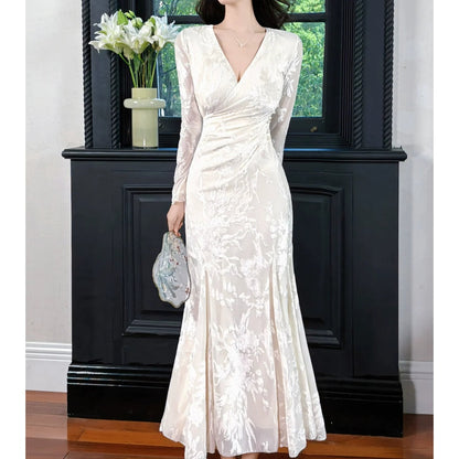 French Vintage V Neck Long Sleeve Bodycon Mermaid Gown Dress