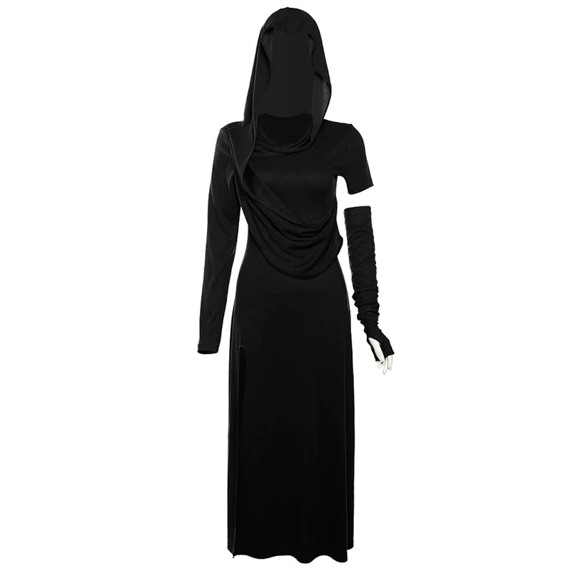 Retro Wasteland Style Hooded Ruched High-Slit Maxi Dress