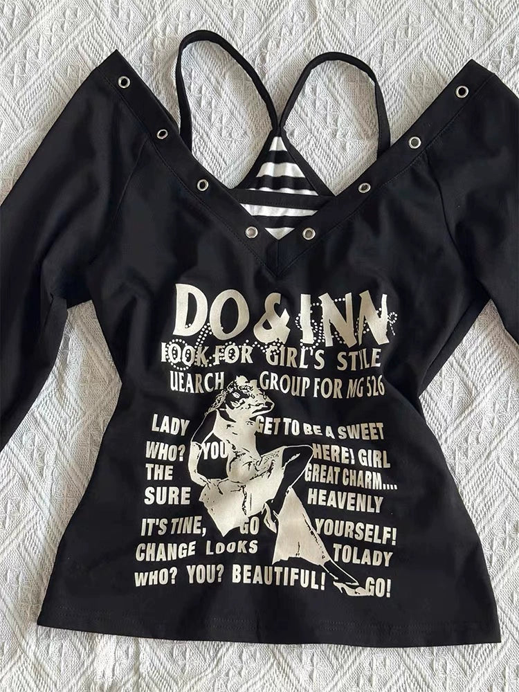 Black Long-Sleeve and Stripe Camisole Y2K Two Pieces Sets