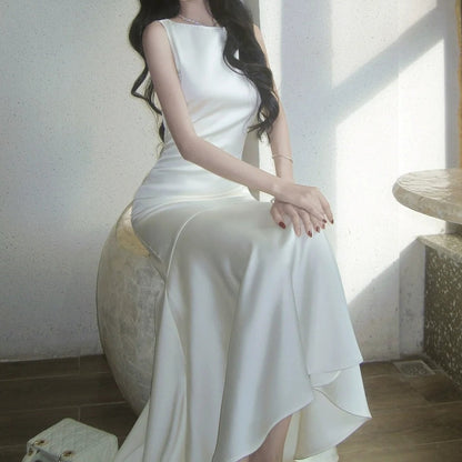 Simple White Satin Sleeveless Bodycon Gown Dress