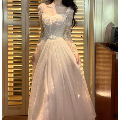 French Luxury Mesh Long Sleeve Bone Gown Dress