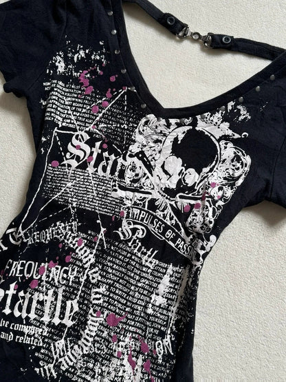 Black Studded V Neck Print Tee Y2K Top