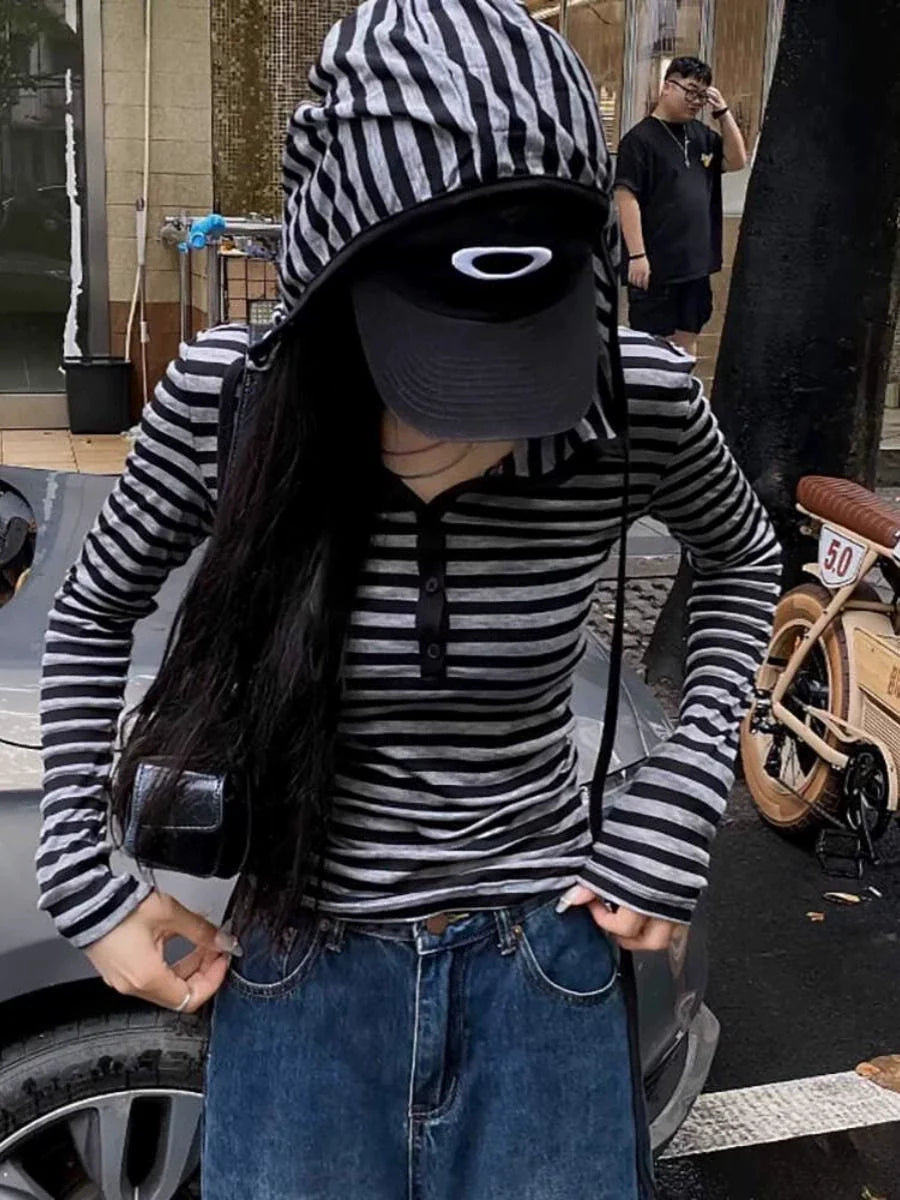 Black & Gray Striped Hooded Light Subculture Y2K E-girl American Retro Long Sleeve Top