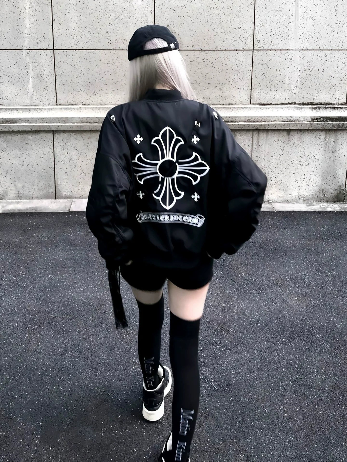American Black Varsity Bomber Jacket  Cross Embroidery Oversized Street Outerwear