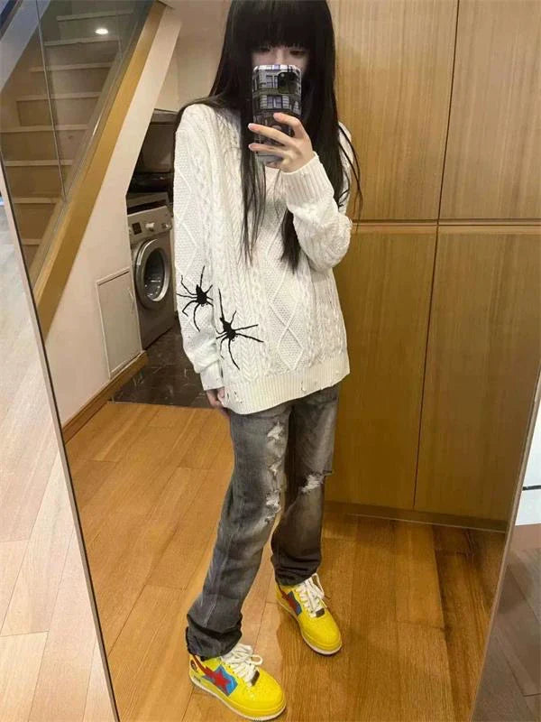 Y2K Punk Spider Embroidered Distressed Sweater