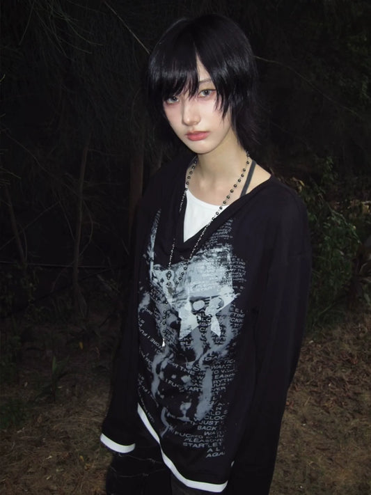 Layered Drape Neck Long Sleeve T Shirt Y2K Visual Kei Punk Top