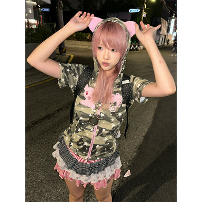 Y2K Camouflage Teddy Bear Hoodie Tee  Cropped Patch Embroidery Short Sleeve Top