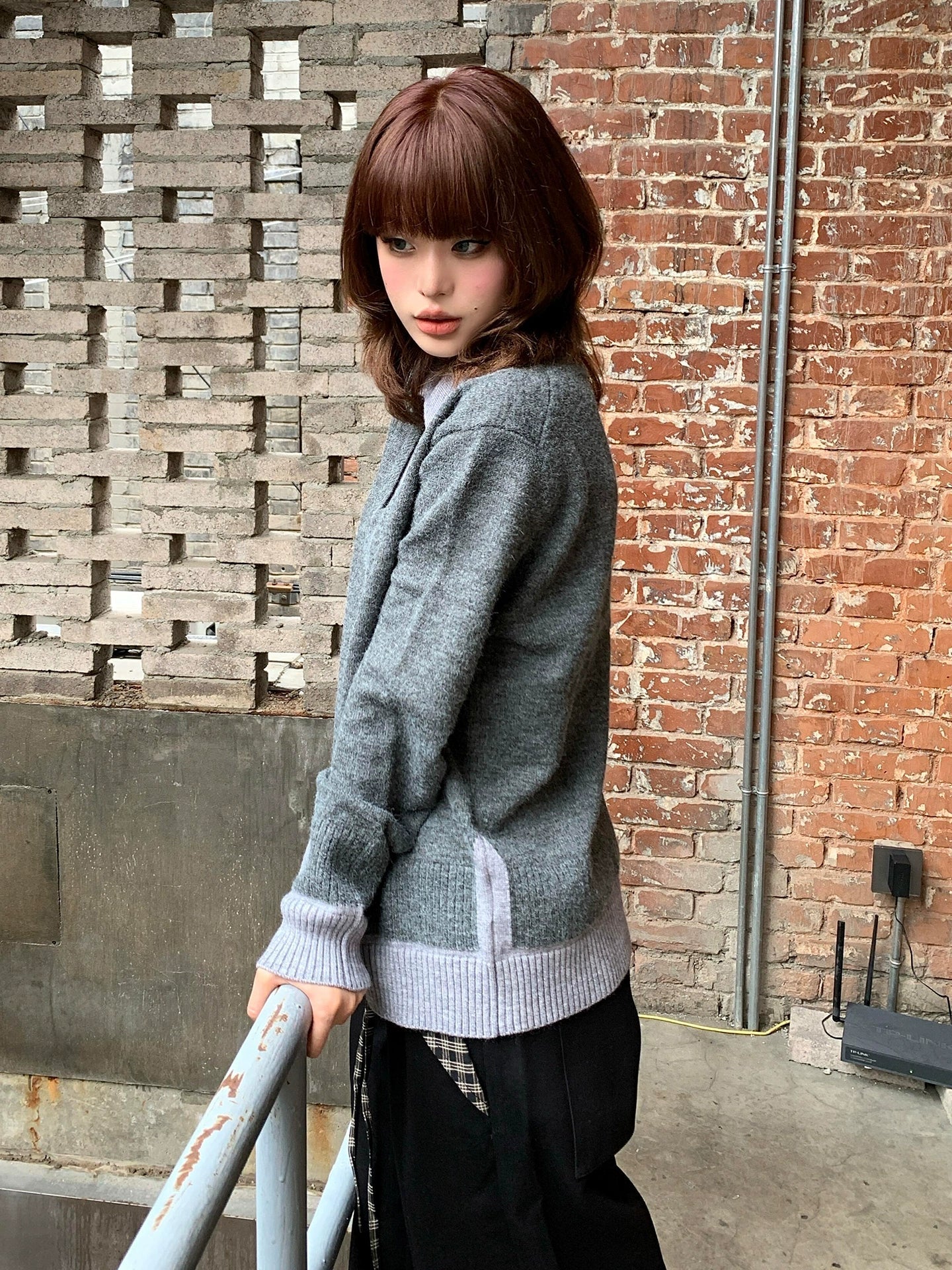 Colorblock Polo Collar Faux Layered Sweater Long Sleeve Loose Top