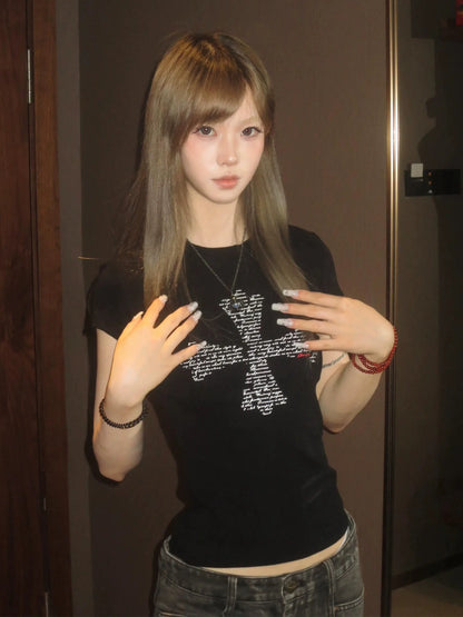 Retro Cross Print Black Tee Slim Fit Hot-Girl Vintage Top