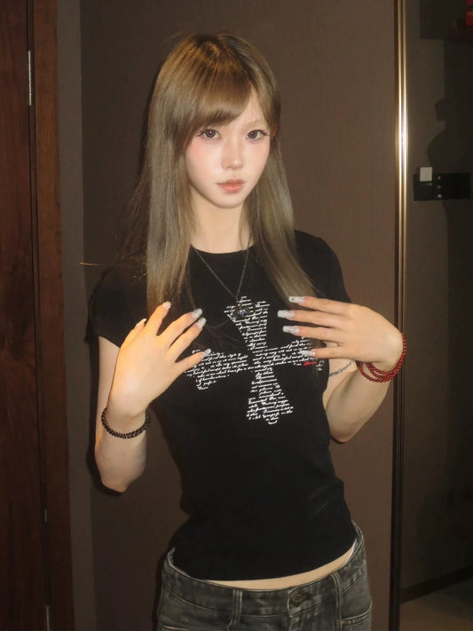 Retro Cross Print Black Tee Slim Fit Hot-Girl Vintage Top
