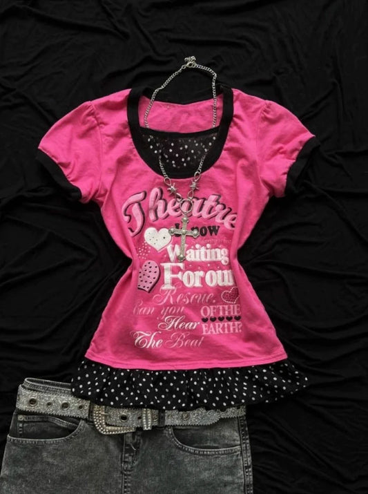 Vintage Patchwork Polka-Dot Subculture Y2K E-girl Shibuya Girl Abi American Retro Print Fake Two-Piece Short Sleeve Top