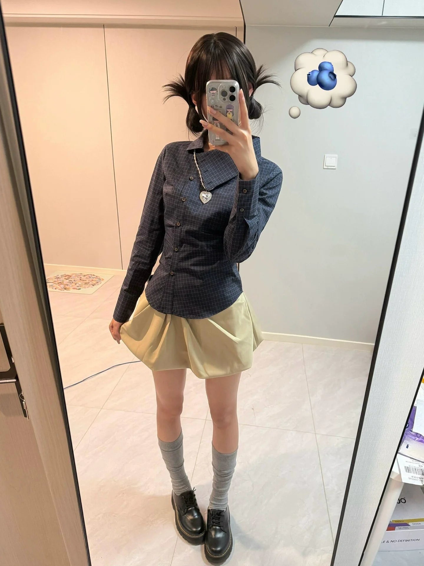 Designer Asymmetrical Collar Plaid Shirt Slim Fit Vintage College Top