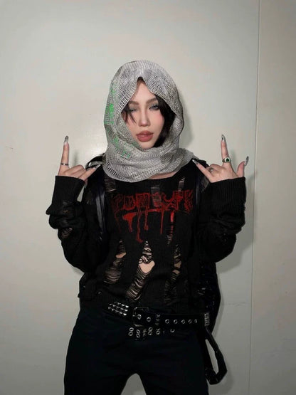 Black Subculture Gothic Rock Punk Y2K E-girl Abi Distressed Knit Long-Sleeve Top