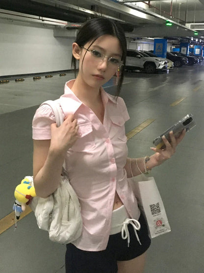 Korean Fitted Pink Short Sleeve Shirt Slim Waist Feminine Blouse