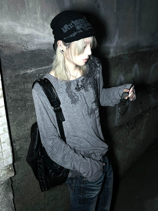 Y2K Grey Wide-Neck Long Sleeve Tee Visual Kei Punk Base Top