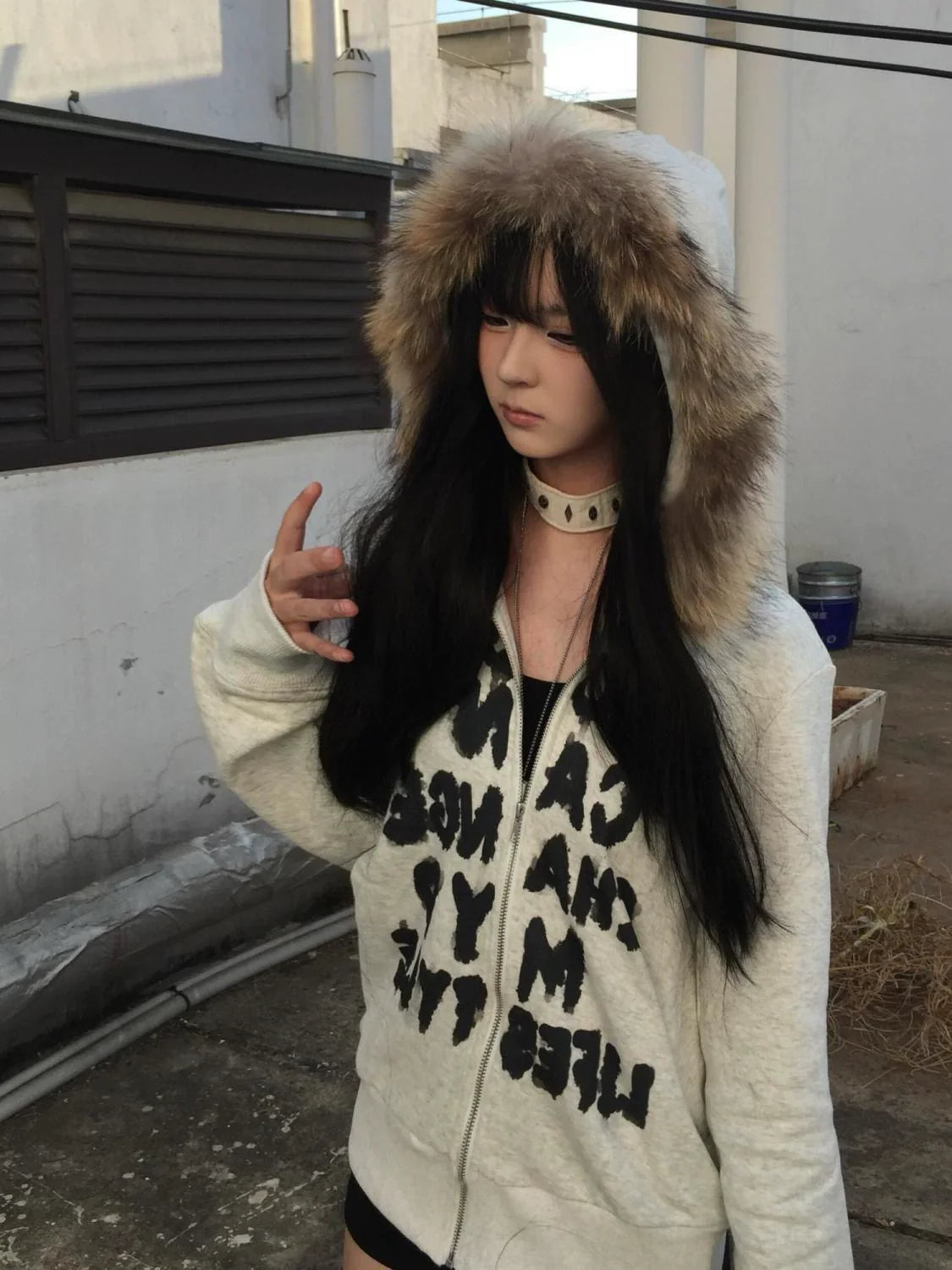 Fur-Collar Hoodie Jacket [Spring-Autumn] Subculture Punk Y2K E-girl Abi American Style Light Subculture Long-Sleeve Jacket