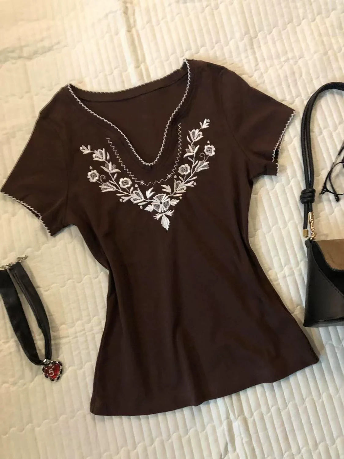 Brown Subculture Y2K E-girl Abi American Retro Vintage Early Embroidery Short Sleeve Top