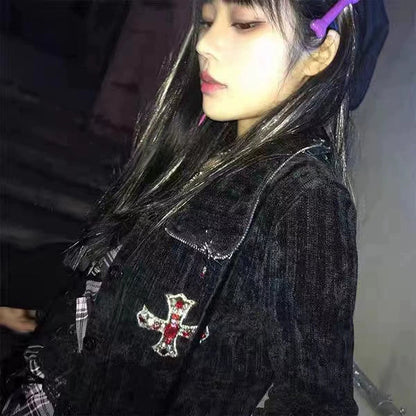 Y2K Gothic Punk Cross Rhinestone Cropped Knit Cardigan