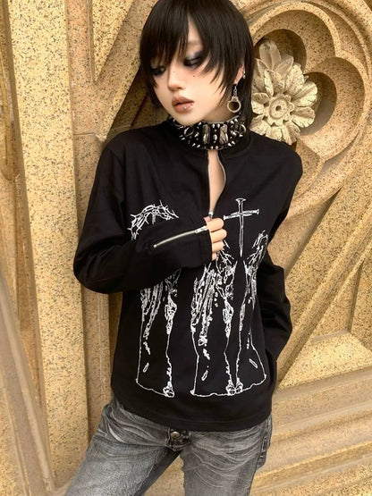 Y2K Black Henley Cross Print Tee