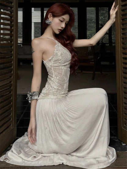 High-End Lace Paneled Backless Slip Dress