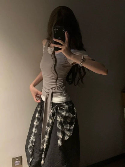 Gray White Fake Two-Piece Tie Detail Y2K T-Shirt