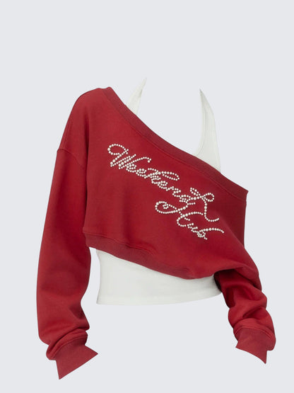 Red Cropped Asymmetrical Sweatshirt Set