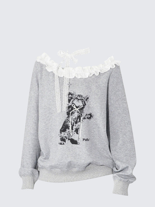 Korean Cat Print Off-Shoulder Sweatshirt