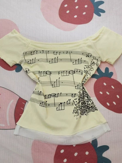 Apricot Vintage Off-The-Shoulder Print Y2K T-Shirt