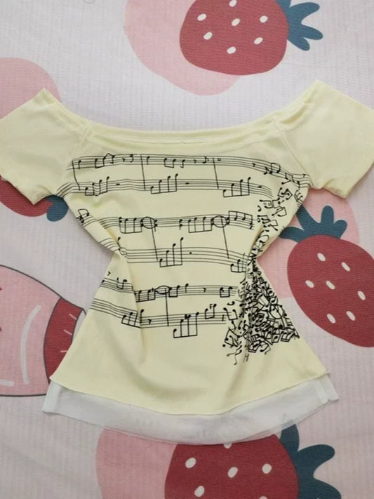 Apricot Vintage Off-The-Shoulder Print Y2K T-Shirt