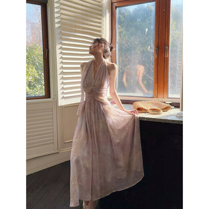 French Embroidered Floral Halter Beach Gown Dress