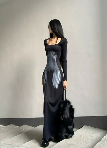 Black High-Stretch Printed Bodycon Maxi Dress