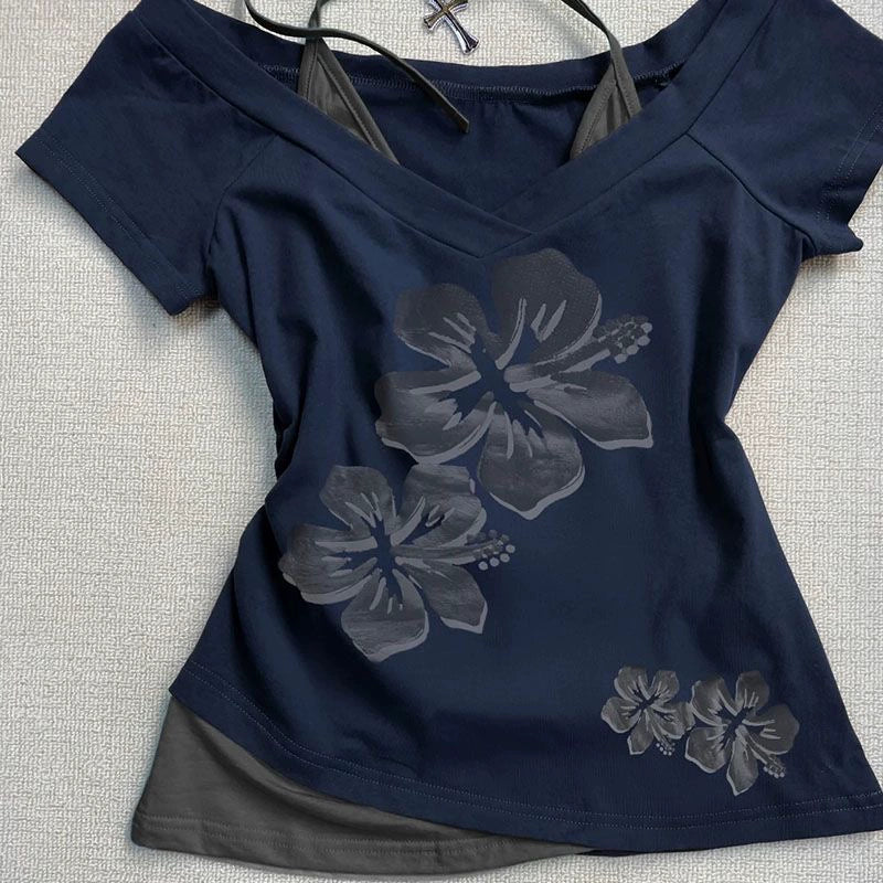 Dark Blue Twin-Flower Fake Two-Piece Subculture Y2K E-girl Abi Vintage Tie Light Subculture Short Sleeve Top