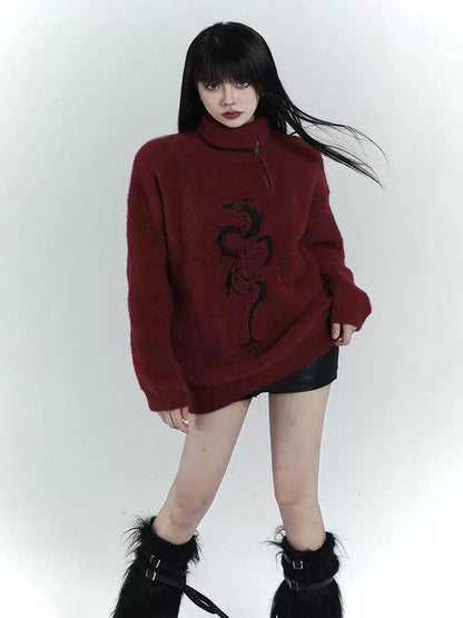 Red Y2K Retro Half-Zip Sweater
