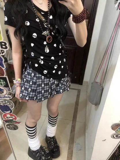 Black Subculture Y2K E-girl Abi American Retro Skull Print Light Subculture Short Sleeve Top