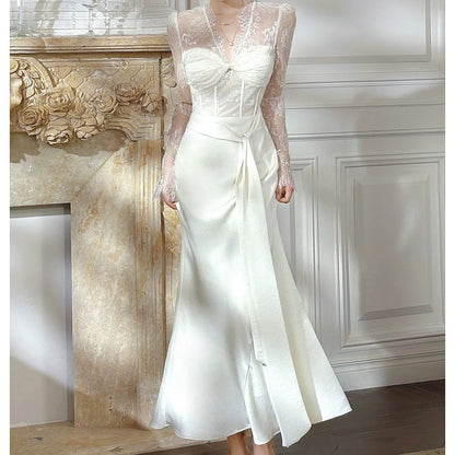 French Satin Long Sleeve Mermaid Gown Dress