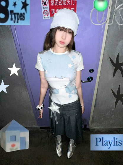 Y2K Straight-Shoulder Tee Star Cartoon Print Fitted Crop Top