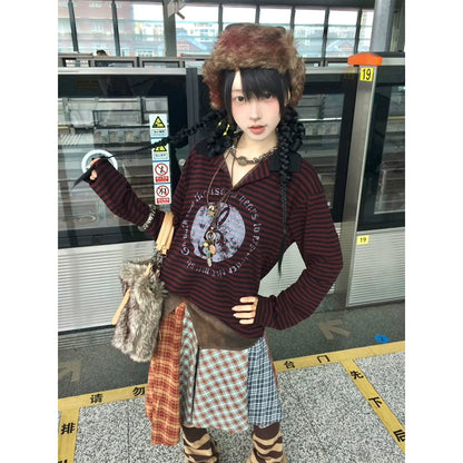 Subculture Black-Red Stripe Long Sleeve Tee Musical Print Polo Top