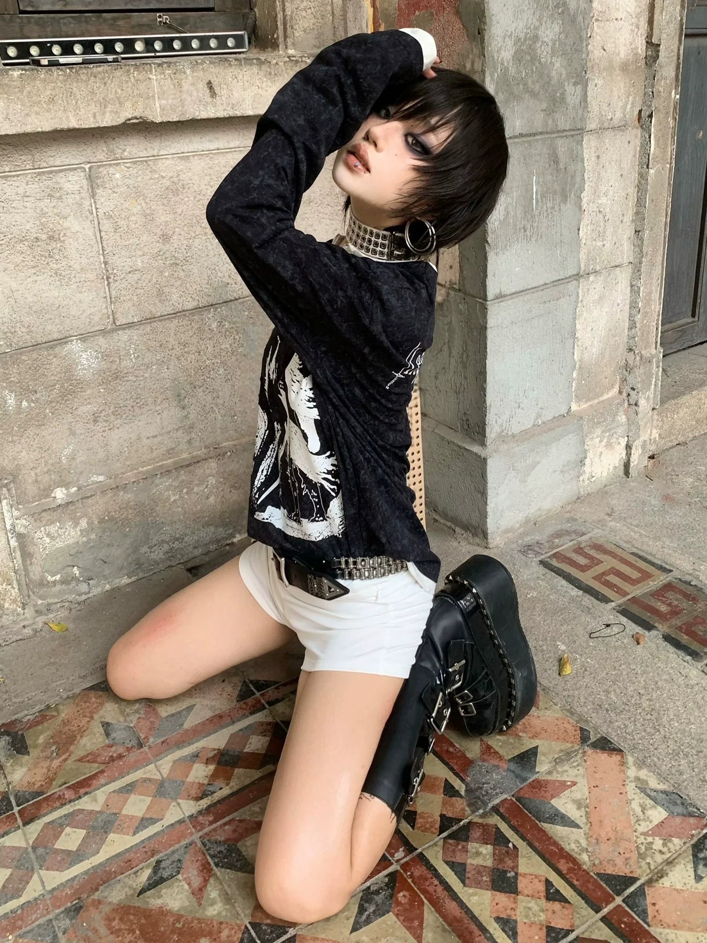 Y2K Fake Two Piece Pearl V Neck Hoodie