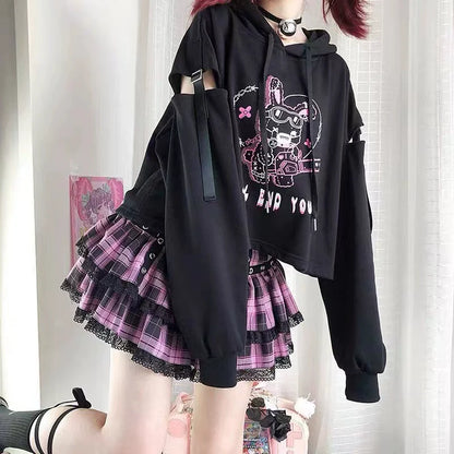 Black Cutout Hoodie And Lace Plaid Cake Skirt Set Y2K Two-Piece Set