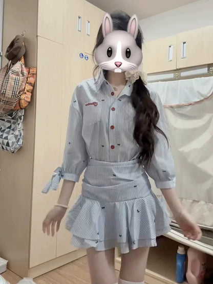 Blue-White Stripe Collared Mid-Sleeve Shirt Waist-Cinched Ruffled Summer Mini Dress